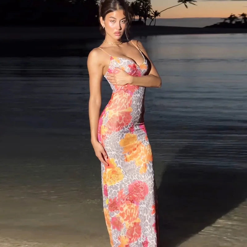 שמלת מקסי הדפס מנומר ופרחים גב פתוח - נוריה