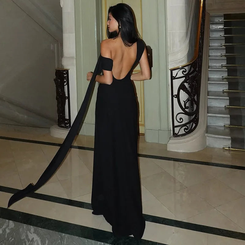 שמלת ערב מקסי אלגנטית גב פתוח בעיטור שובלים - עטרת