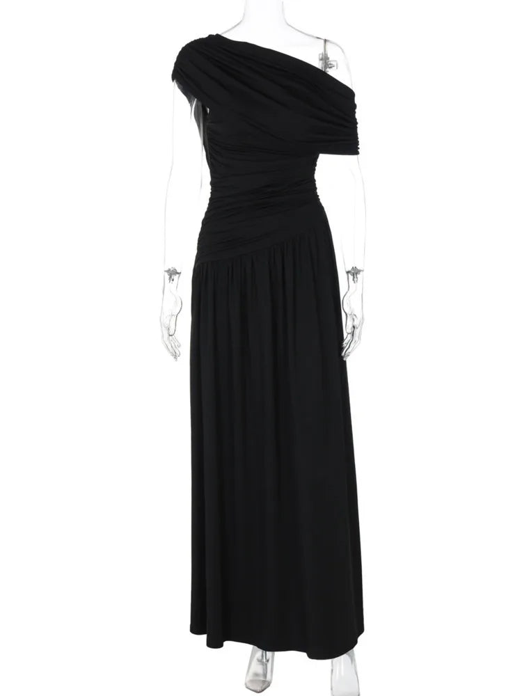 שמלת מקסי קיפולים אלגנטית כתף חשופה - מיילין