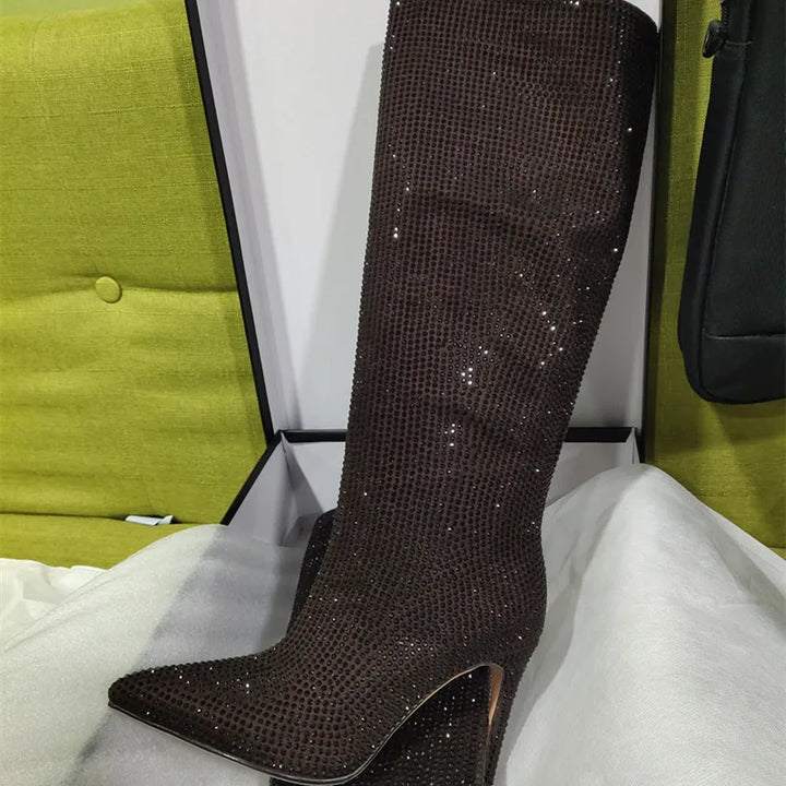 High-heeled pointed-toe boots with glittery rhinestones - Josie