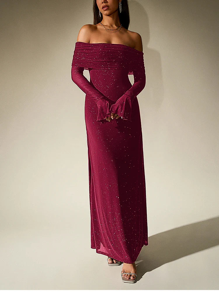 שמלת מקסי נצנצים בעיצוב כתפיים חשופות שרוולי פעמון - מרגריטה