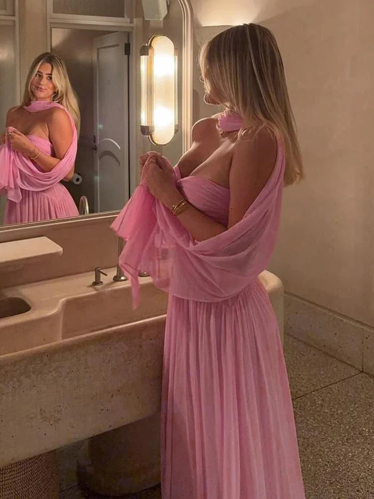 שמלת מקסי סטרפלס שיפון בעיצוב כיווצים בעיטור צעיף תואם - מיה