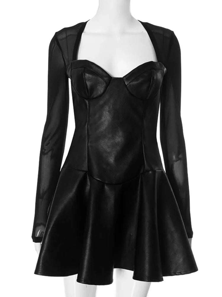 שמלת מיני דמוי עור בגזרת A שרוולי רשת - אופק