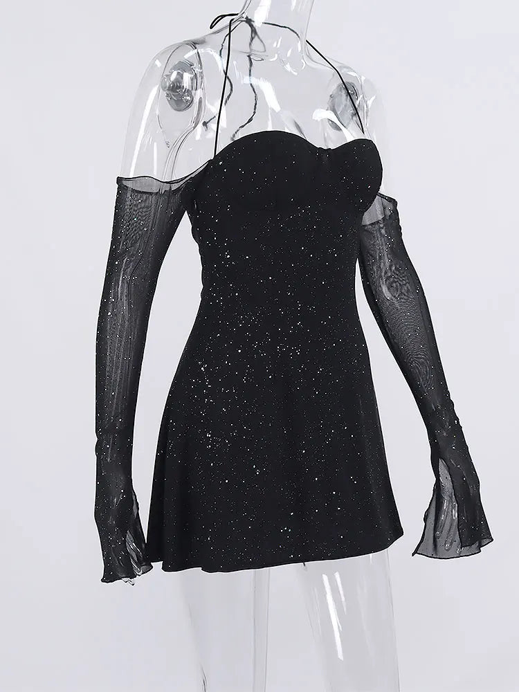 שמלת מיני נצנצים בעיצוב כתפיים חשופות ושרוולי רשת - Barbara