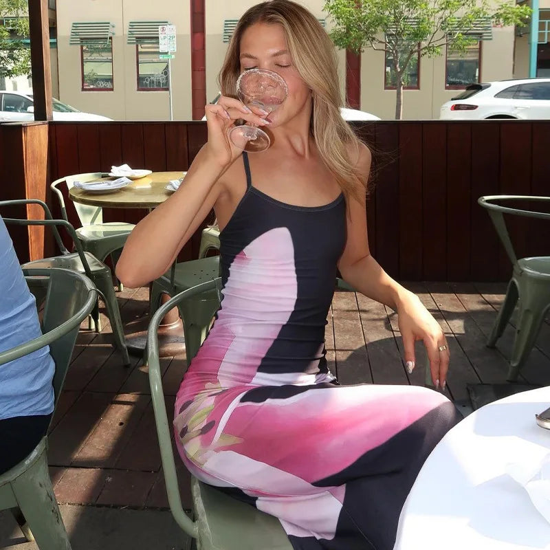 שמלת מקסי רצועות ספגטי בעיטור הדפס פרחים - פלורנסיה