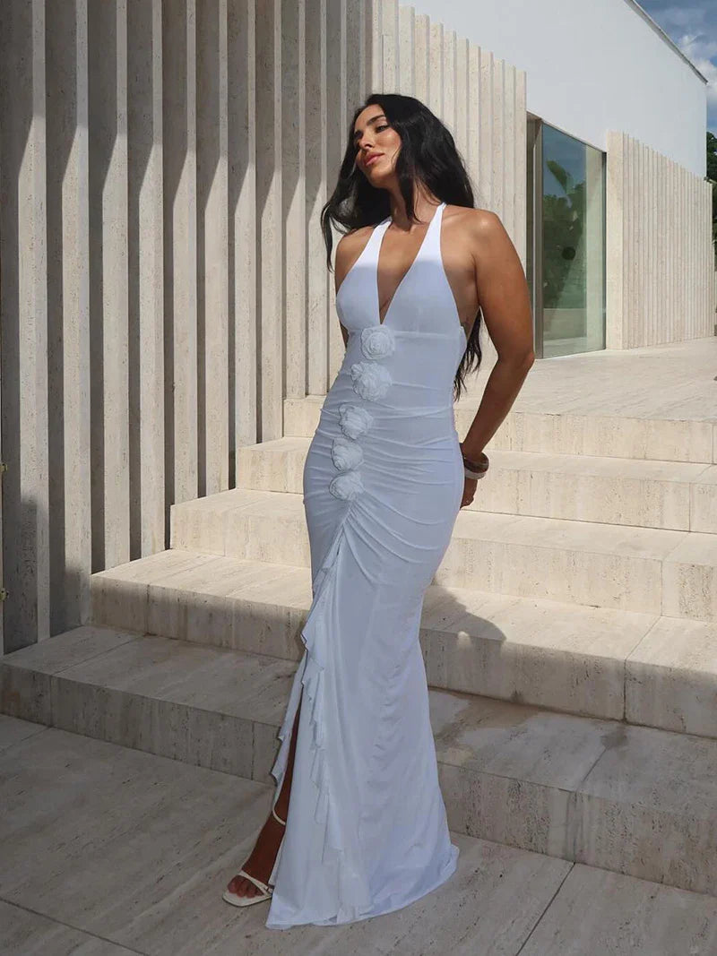 שמלת מקסי כיווצים בעיטור אפליקציות פרחים בעיצוב שסע קדמי - Monroe