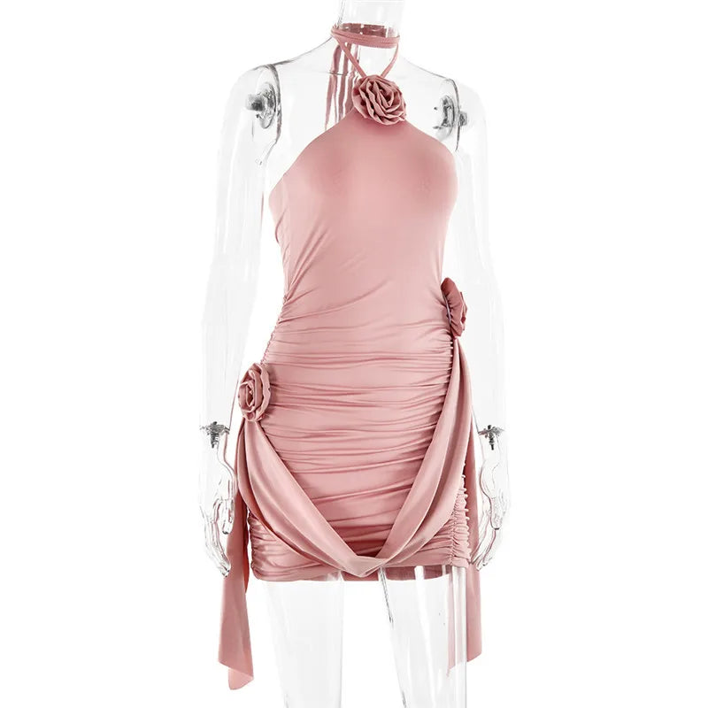 שמלת מיני כיווצים בעיצוב קשירה בצוואר בעיטור אפליקציות פרחים - ג'סמינה