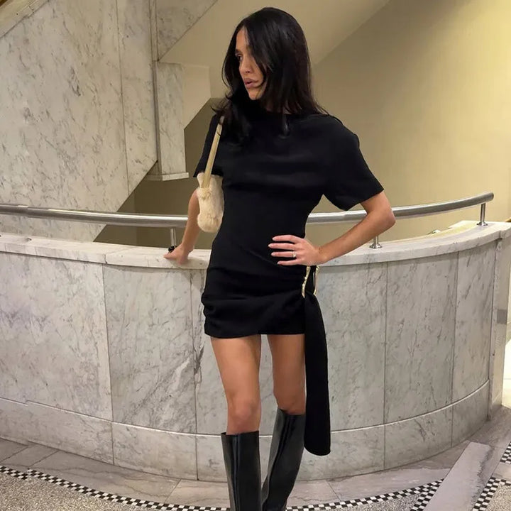 Specially designed mini dress with buckle and train decoration - Morgan