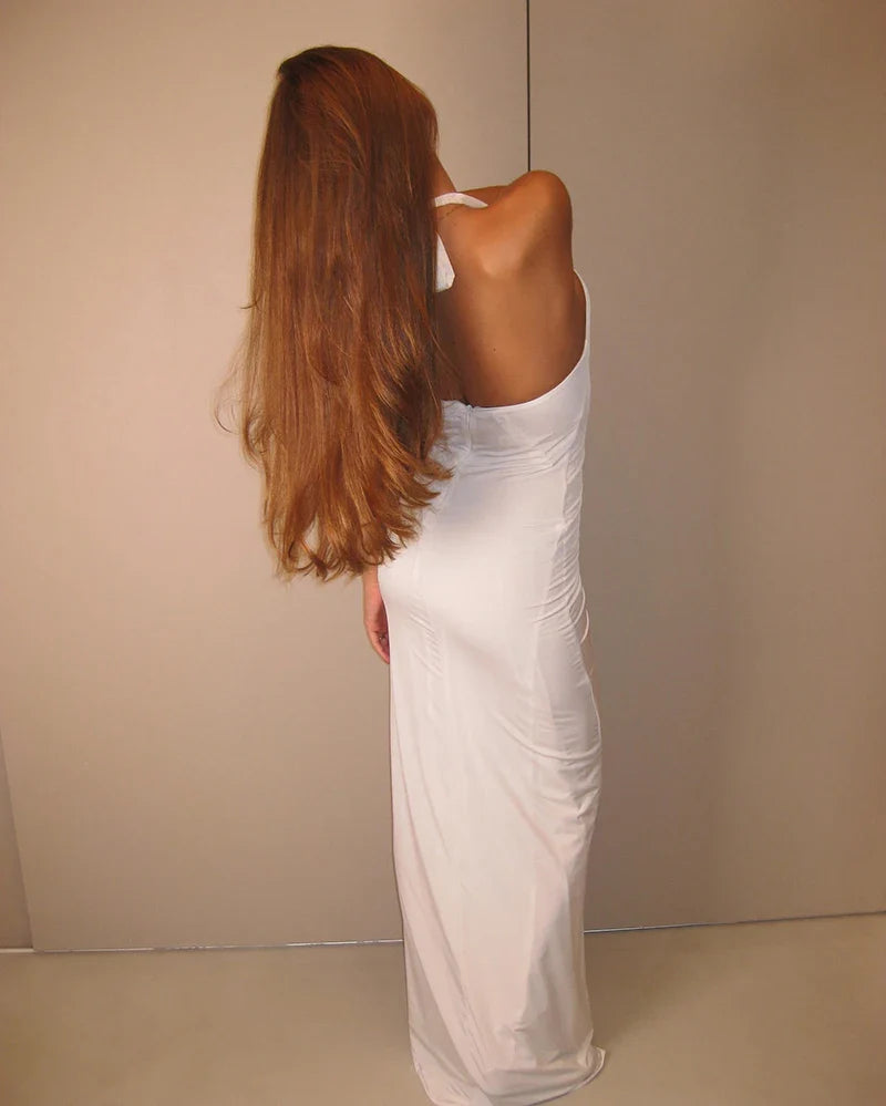 שמלת מקסי כיווצים בעיטור אפליקציות פרחים בעיצוב שסע קדמי - Monroe