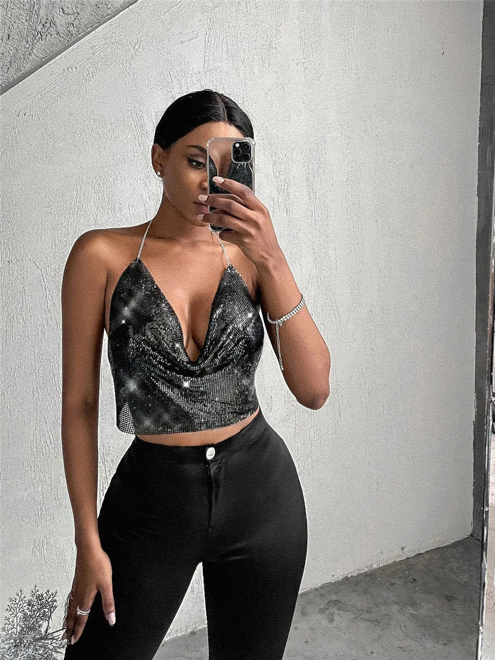 Sparkling Rhinestone Top with Dropped Collar - Harley