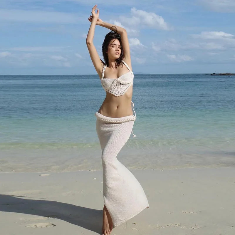 סט חוף סרוג שני חלקים טופ וחצאית מקסי - Aqua