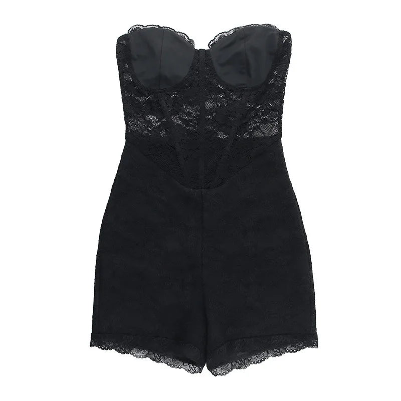 אוברול סטרפלס מכנסיים קצרים בעיטור מחוך תחרה - Alex