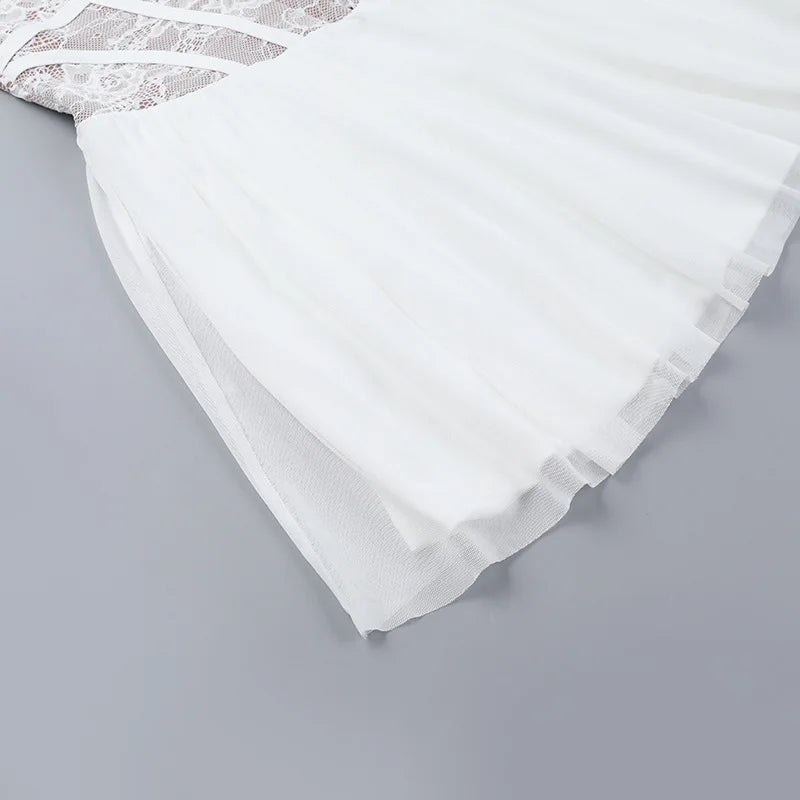Off-the-shoulder balloon mini dress with lace trim - Fudge