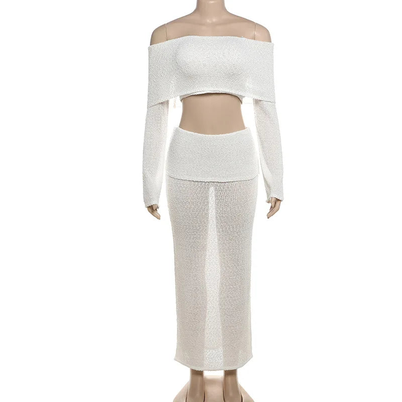 סט שני חלקים סרוג חצאית מקסי וחולצת כתפיים חשופות - עופרי