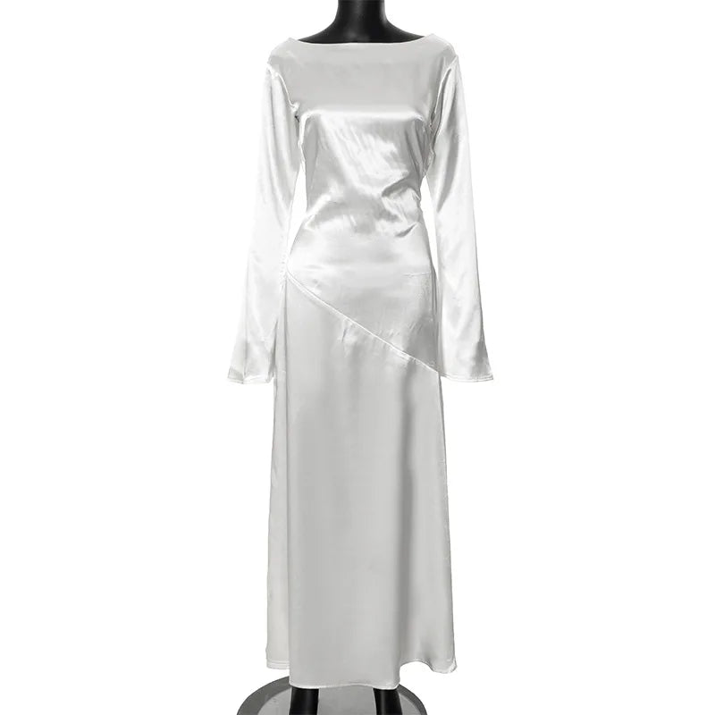 שמלת ערב מקסי סאטן גב פתוח בשילוב שסע ושרוולי פעמון  - מריאן