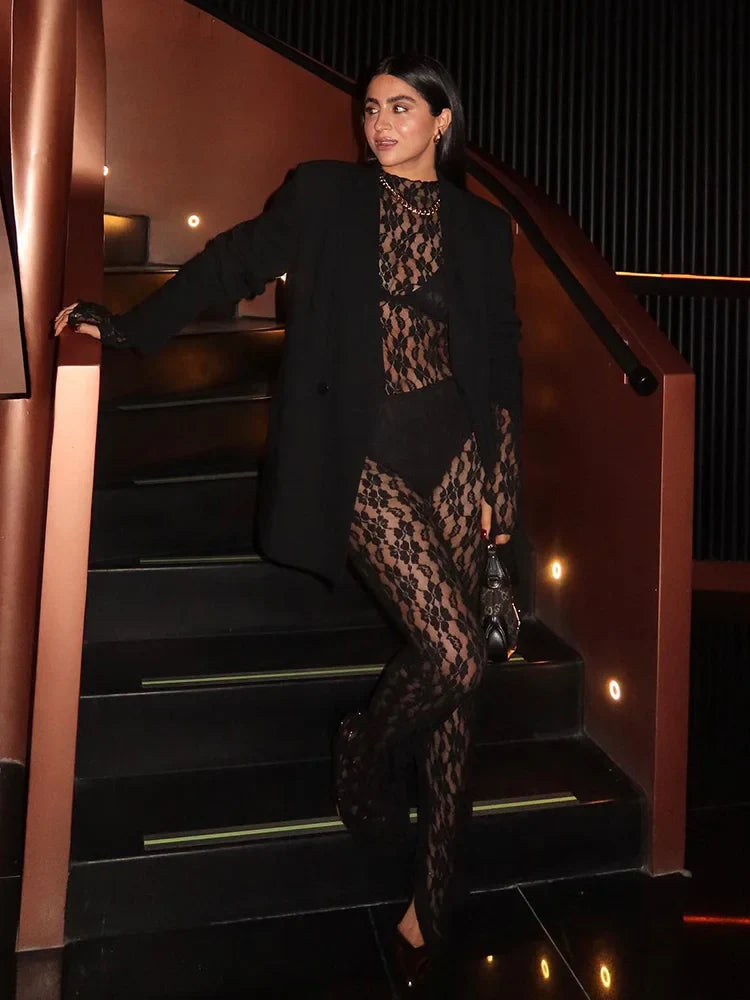 חליפת תחרה שני חלקים בגד גוף ומכנסיים ארוכים - מנור