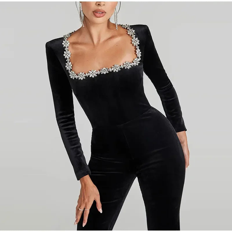 אוברול קטיפה מכנסי פדלפון בעיטור יהלומים - Hallie