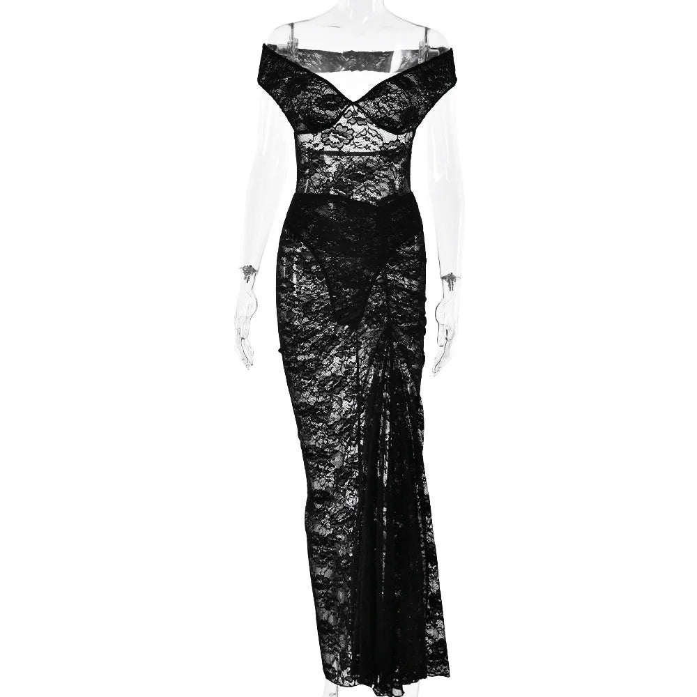 שמלת מקסי תחרה כתפיים חשופות בעיצוב שסע - אמיליאנה