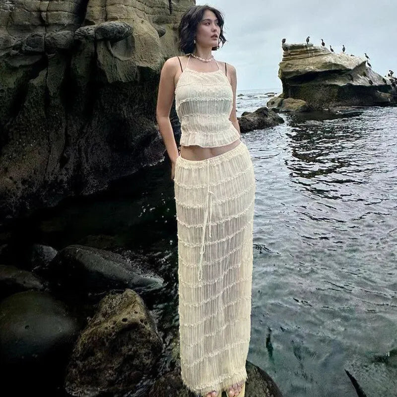 סט שני חלקים בעיצוב שיפון וכיווצים טופ קשירה וחצאית מקסי - אורורה