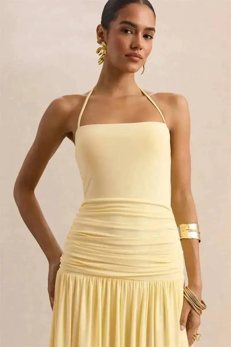 Pleated maxi dress with a neck tie and open back - Tuval