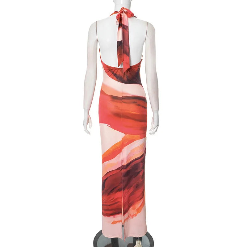 שמלת מקסי בהדפס צבעוני קשירה בצוואר גב פתוח - חוליה