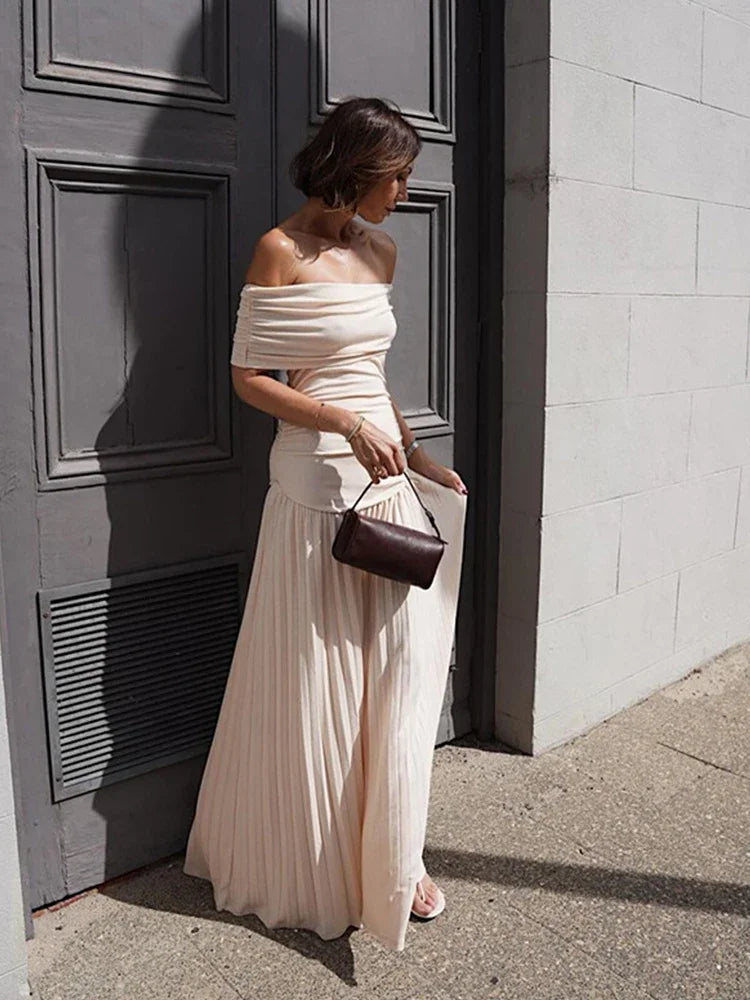 שמלת מקסי סרוגה כיווצים אלגנטית כתפיים חשופות - אלינור