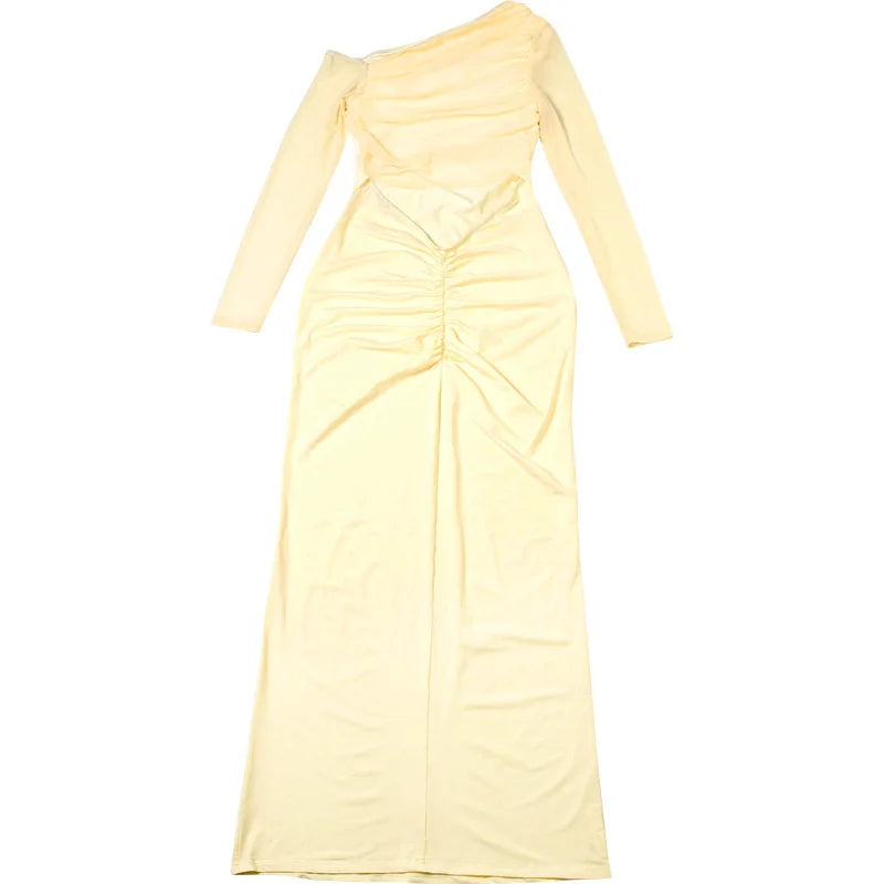 שמלת מקסי כיווצים בעיצוב פתח ושרוולי רשת כתפיים חשופות - אורה