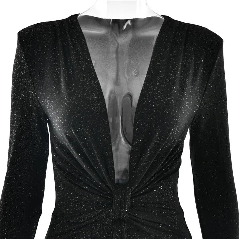 שמלת מקסי נצנצים בעיצוב כיווצים מחשוף V עמוק - אריקה