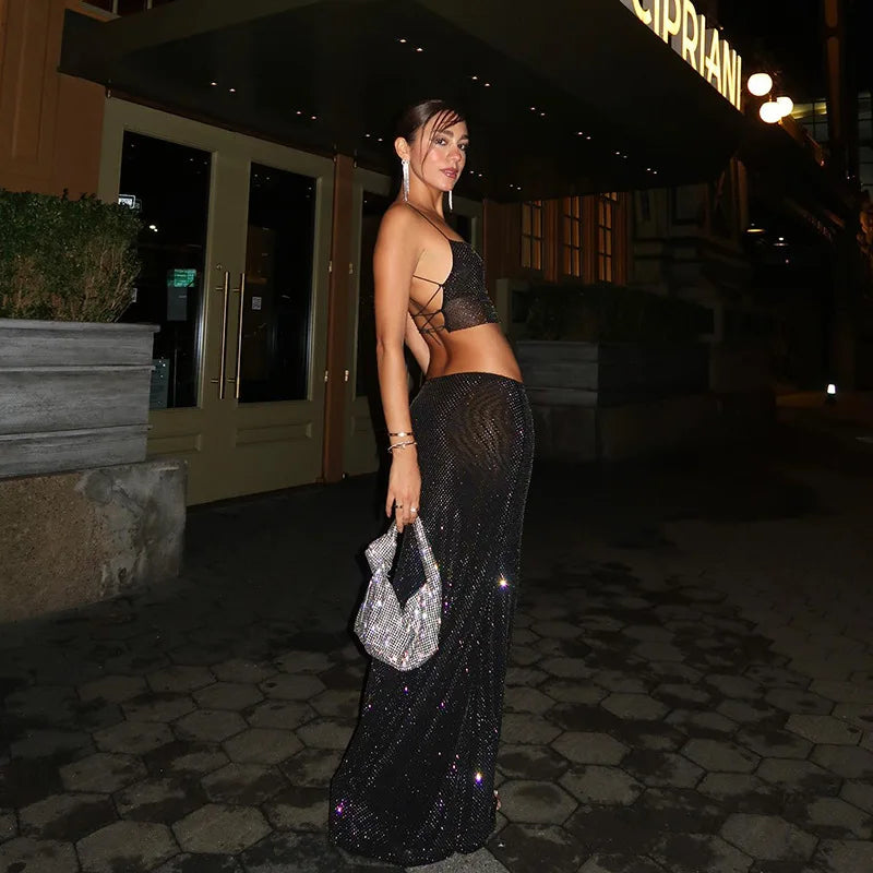 סט שני חלקים חצאית מקסי וטופ בעיטור זרקונים מנצנצים - שייני