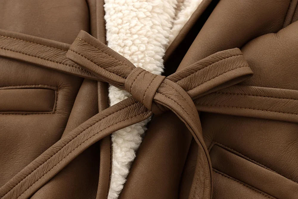 מעיל עור פרווה פנימית בעיצוב קשירת חגורה - מורן