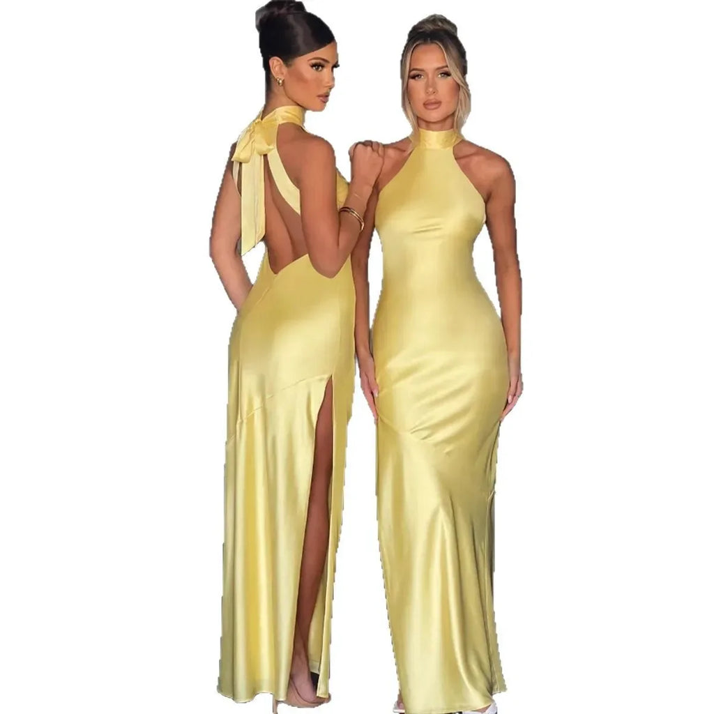 שמלת סאטן מקסי קולר בעיטור שסע - אמארי