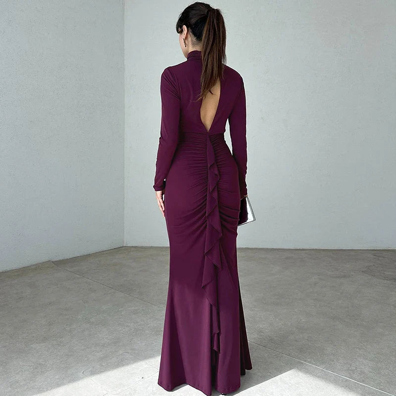 שמלת מקסי צווארון גולף צנועה בעיצוב כיווצים ומלמלה - מלכה