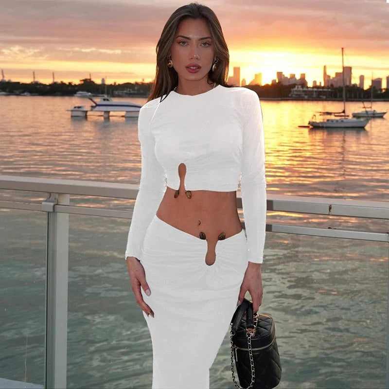 סט שני חלקים חולצת טופ וחצאית מקסי בעיצוב אבזם - ג'סיקה