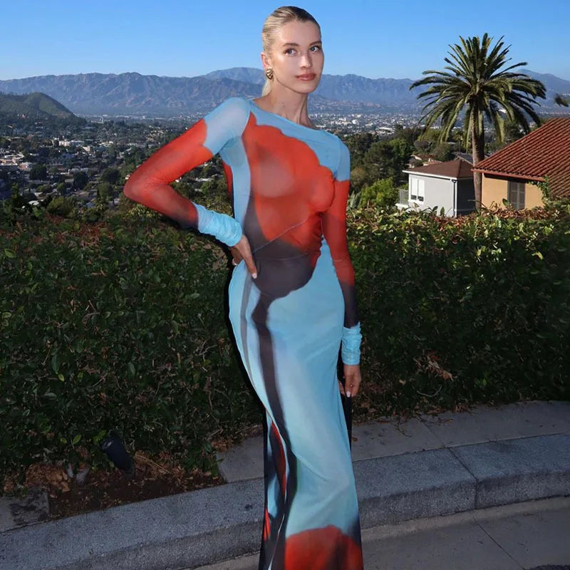 שמלת מקסי חצי שקפה שסע עמוק הדפס פרח - דאליה