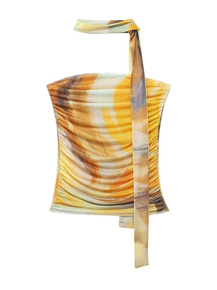 סט שיפון שני חלקים טופ סטרפלס וחצאית מידי בעיטור צעיף תואם - לירי