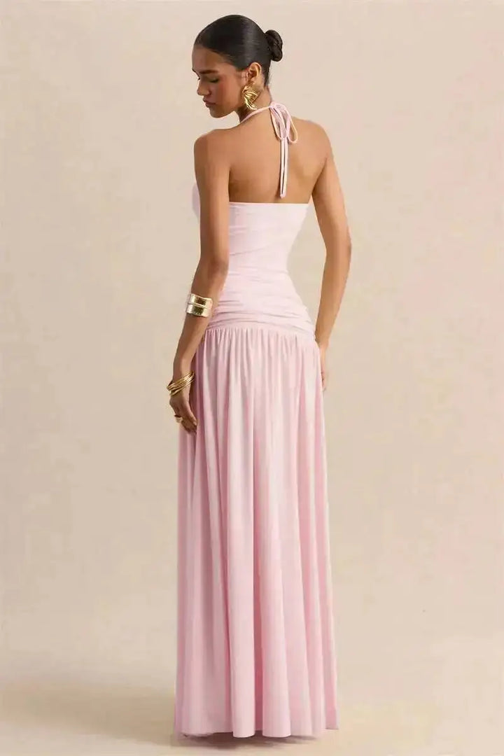 Pleated maxi dress with a neck tie and open back - Tuval