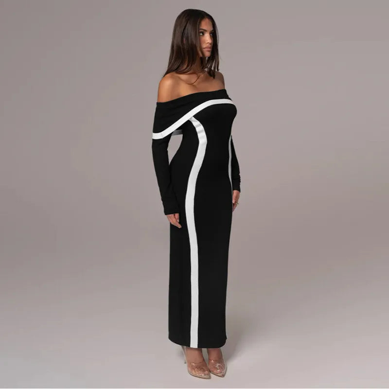 שמלת מקסי כתפיים חשופות בעיטור קווי מתאר - קייטי