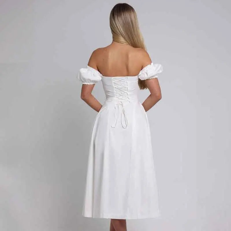 שמלת מקסי בגזרת A בעיצוב כתפיים חשופות שרוולים נפוחים - ג'ינה