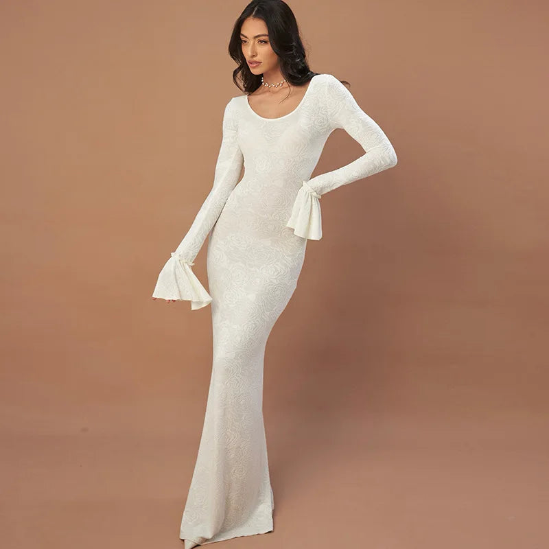 שמלת מקסי בעיטור רקמת פרחים שרוולי פעמון - הלן