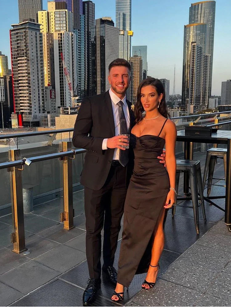 שמלת מקסי סאטן אלגנטית שסע עמוק - ונסיה