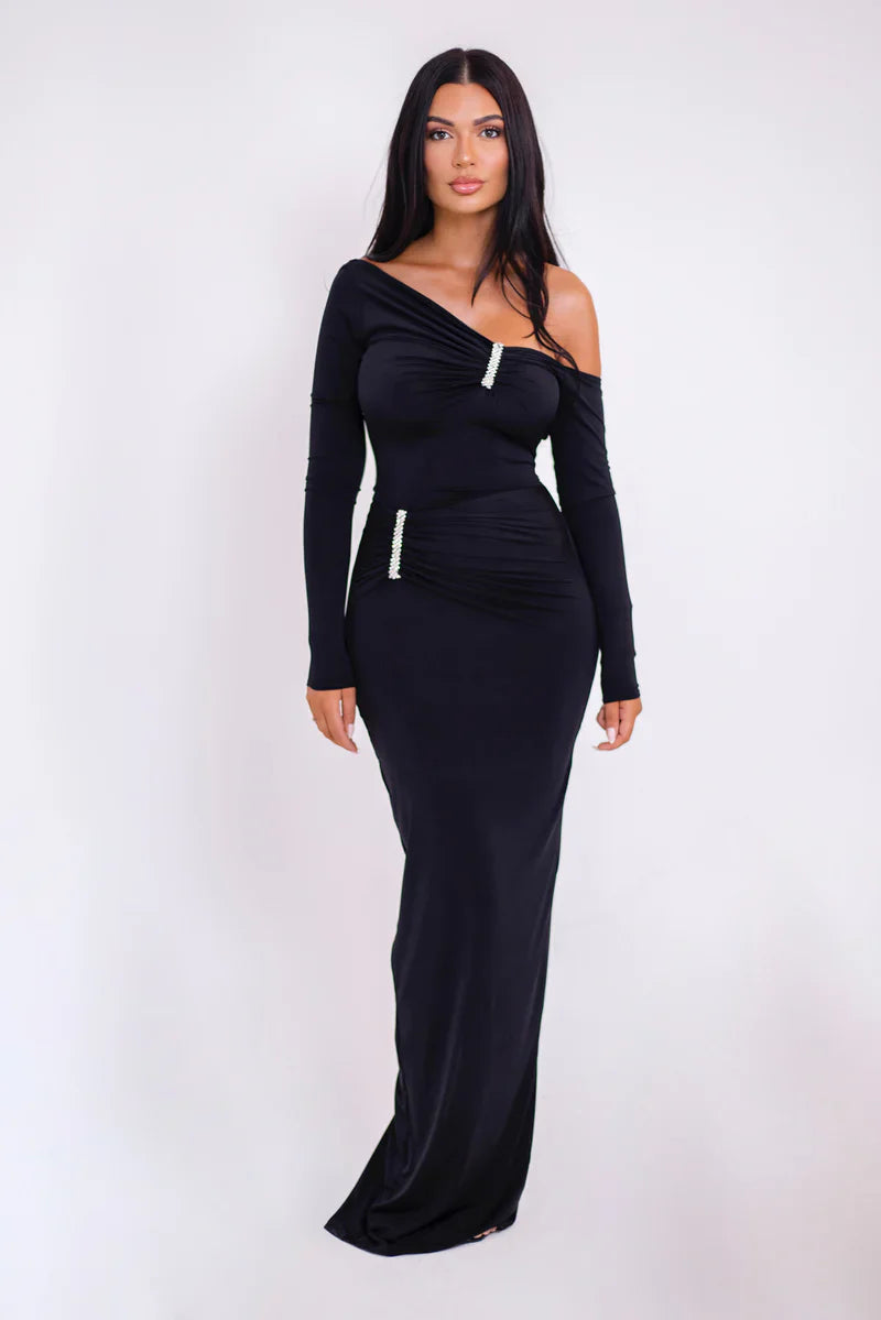 שמלת מקסי כיווצים בעיצוב כתף חשופה בעיטור אבזמי זרקונים - ELLA