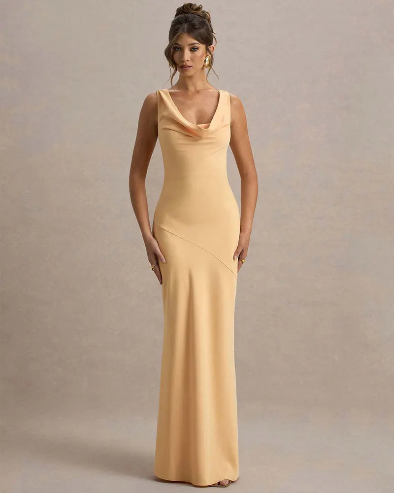 שמלת מקסי סאטן בעיצוב צווארון נופל וגב פתוח - אלקסיס
