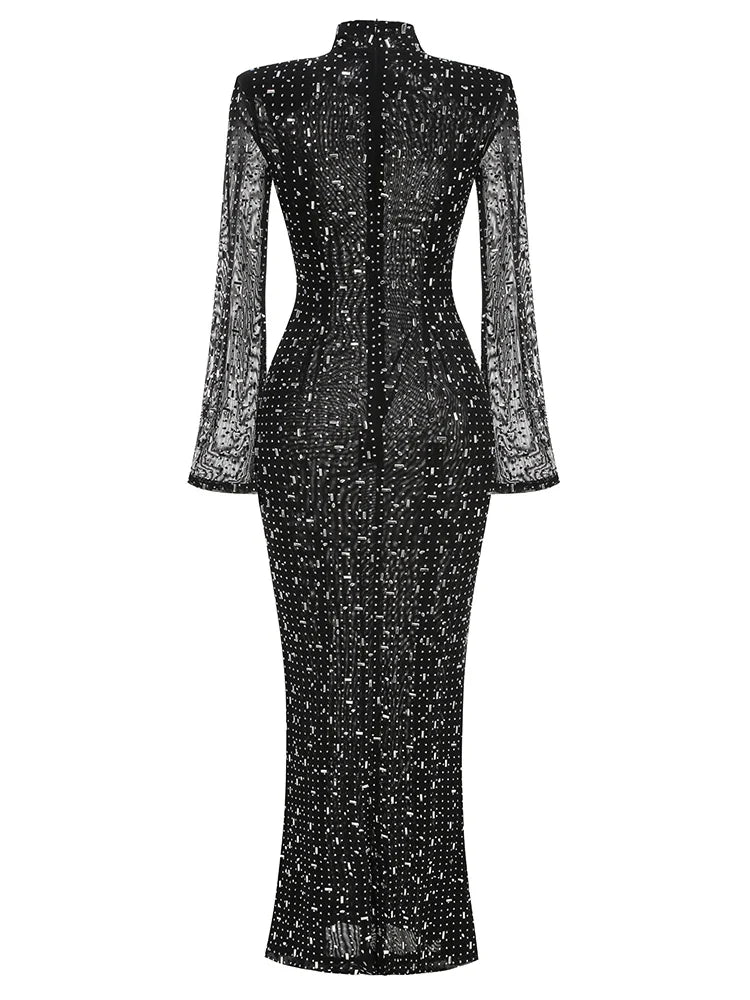 שמלת ערב מקסי יוקרתית בעיטור יהלומים מנצנצים צווארון גולף - Emerson