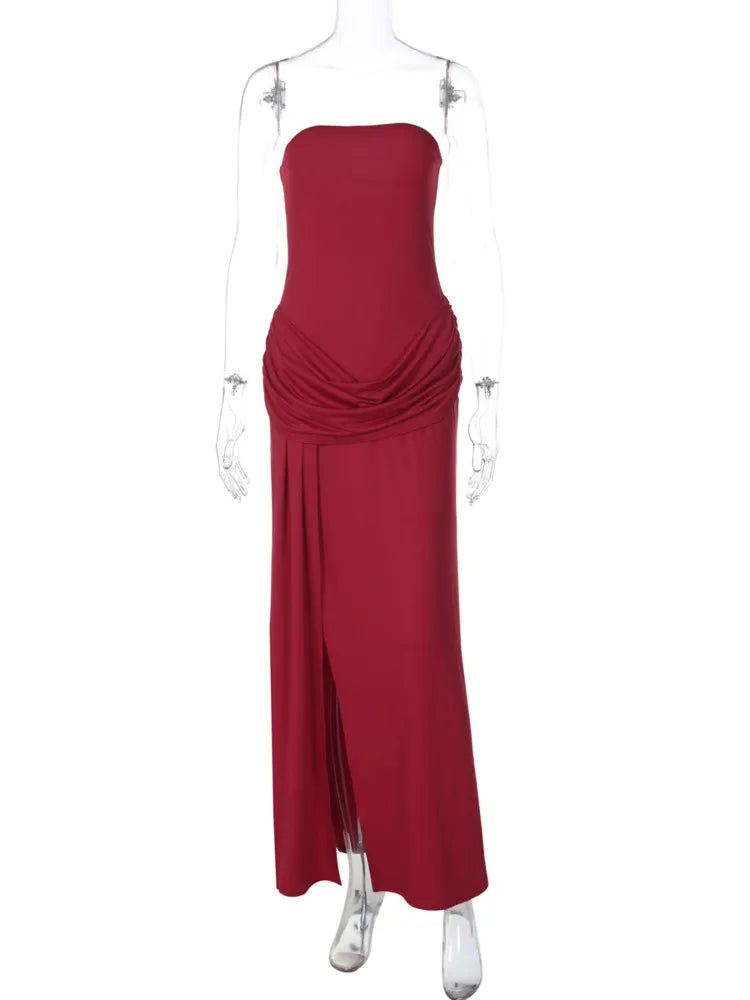 Strapless maxi dress with a slit and pleated design - Tayera