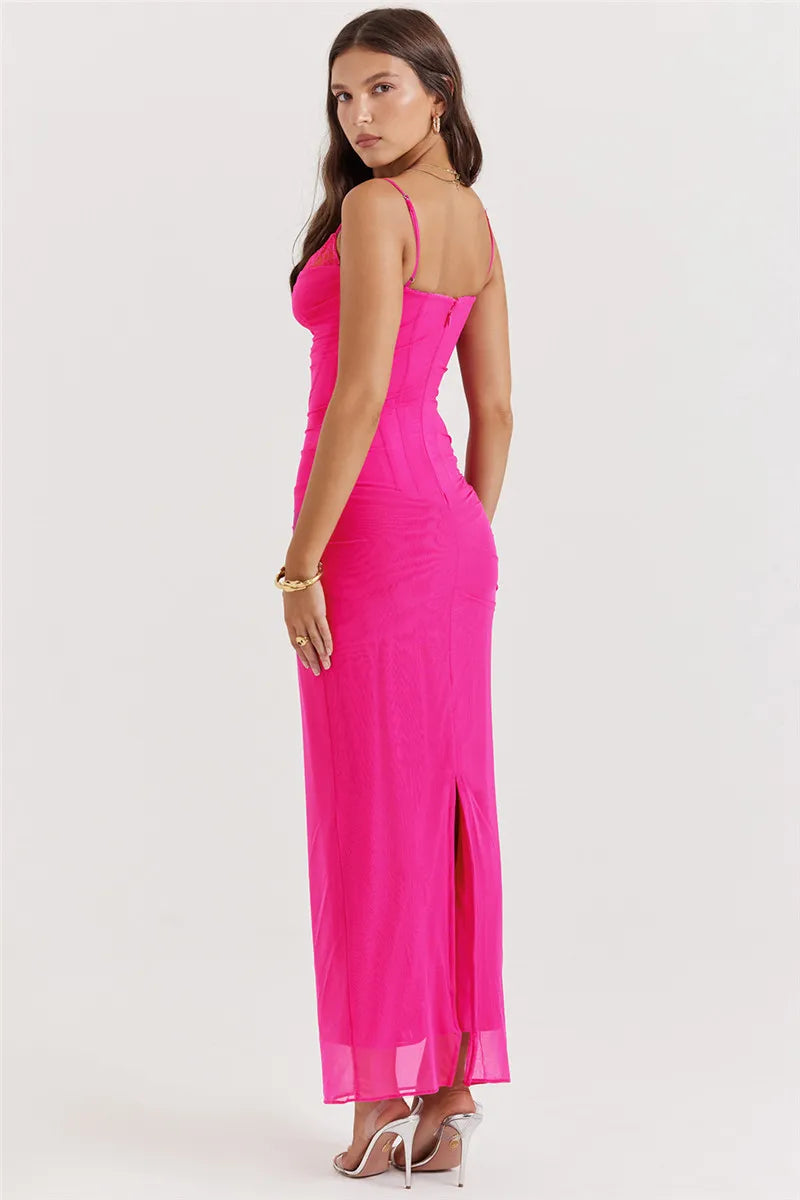 שמלת מקסי שיפון צמודה בעיטור תחרה - רוזליה