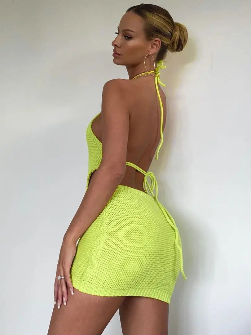 שמלת חוף מיני סרוגה גב פתוח - ייאלו