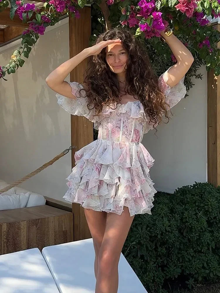 שמלת מיני מלמלה כתפיים חשופות בעיצוב פרחוני - ליסה