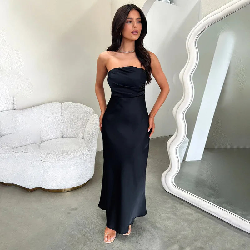 שמלת מקסי סטרפלס סאטן בעיצוב קיפולים - רוזה