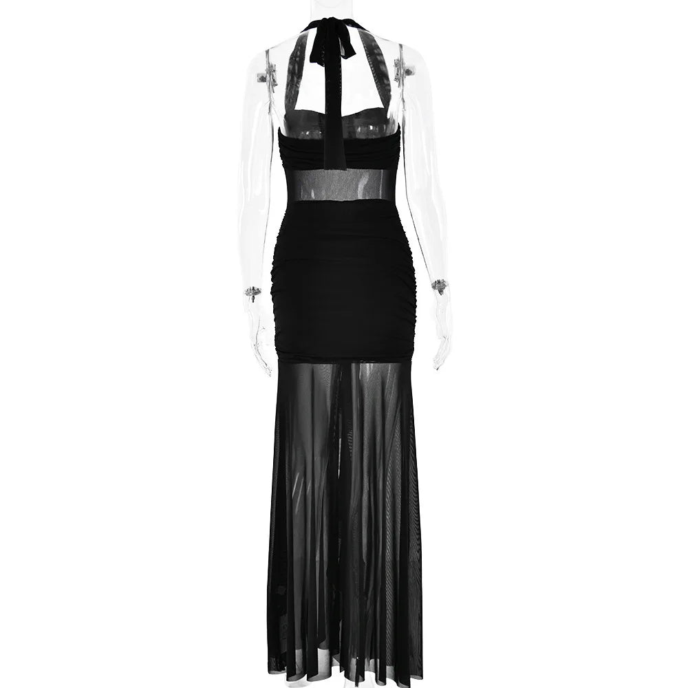 שמלת מקסי שיפון בעיטור כיווצים ומלמלה קשירה בצוואר - שלי