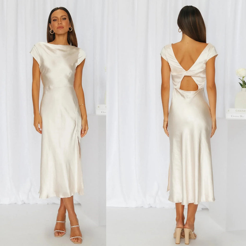 שמלת מידי סאטן בעיצוב שסע וגב פתוח - שריי